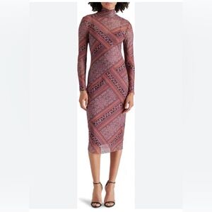 Steve Madden Vivienne Scarf Print Long Sleeve Turtleneck Mesh Midi Dress